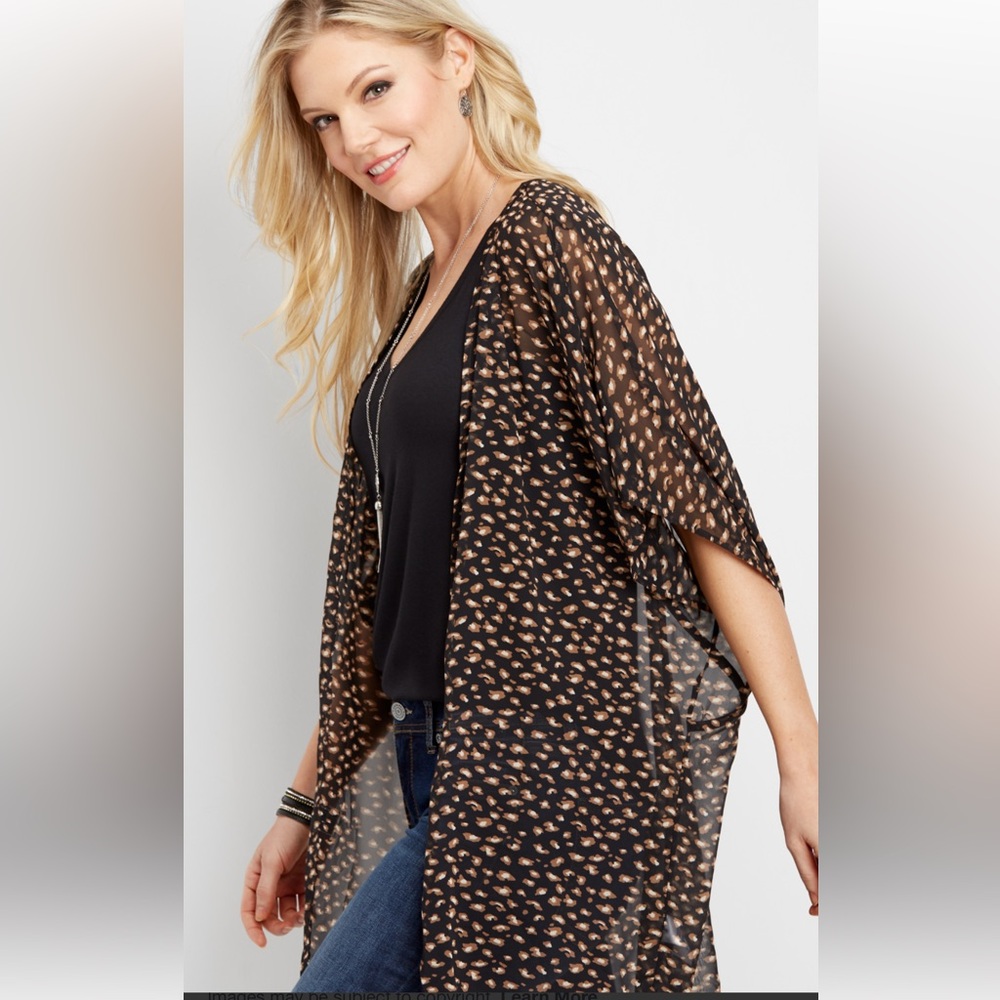 Maurices Black and Brown Sheer Leopard-Print Kimono